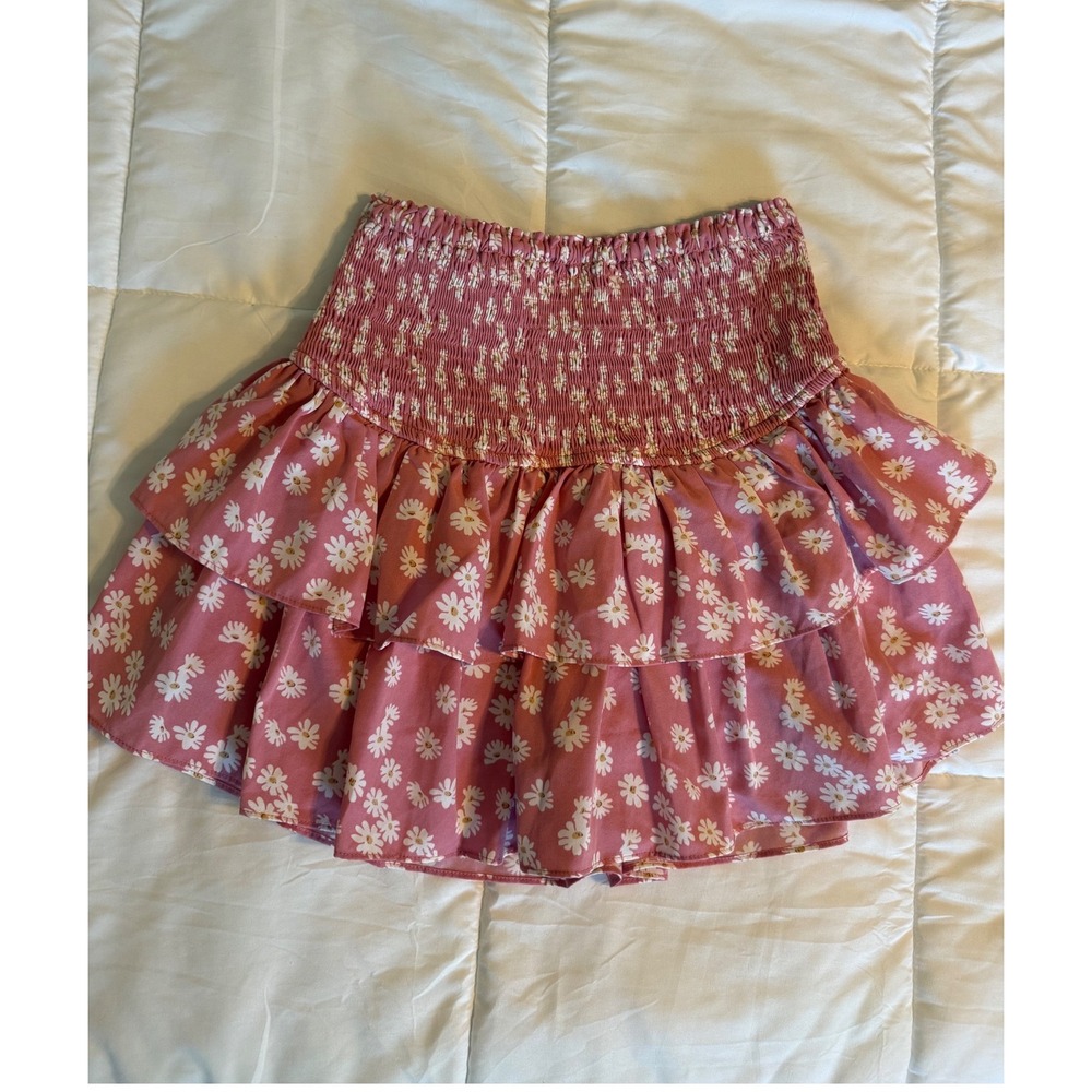 Entro Ruffle Mini Skirt Womens Small Pink Excellent Daisy Floral Smocked Waist